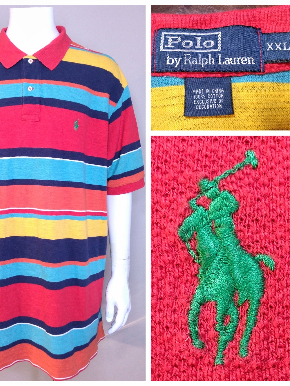 POLO RALPH LAUREN Vintage Shirt XXL Multicolor Colorblock GREEN PONY Vtg 00s 2XL